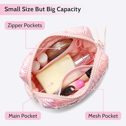 Quilted Cosmetic Bag, Puffer Makeup Bags, Crossbody Purses for women,Cute Travel Toiletry Bag for Women (Dazzling Light Pink)