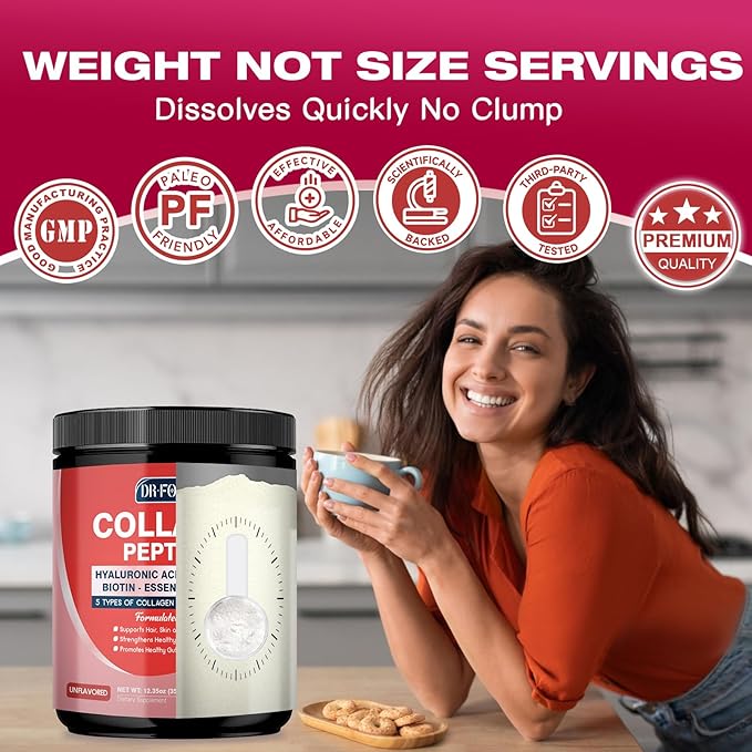 Multi Collagen Peptides Powder - Type I II III V X - Hydrolyzed Collagen Peptides with Multivitamins, Hyaluronic Acid & Biotin - Support Skin Hair Nail Joints & Gut