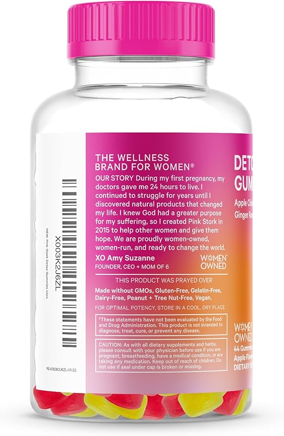 Pink Stork Detox Gummies, ACV Gummies with Ginger to Support Detox and Debloat, Metabolism, Gut Health and Digestion, Chewable Apple Cider Vinegar Gummies - 44 Count