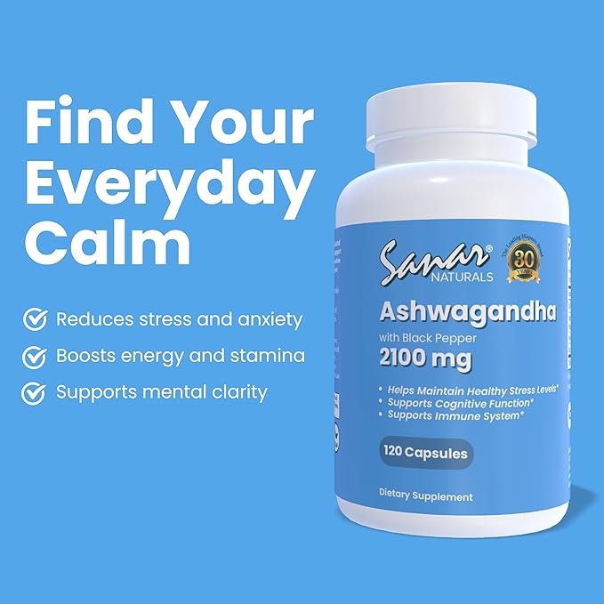 Sanar Naturals Ashwagandha 2100 mg - Stress & Mood Support Supplement - Promotes Calm, Focus and Sustained Energy - Non-GMO, Vegan, 120 Capsules