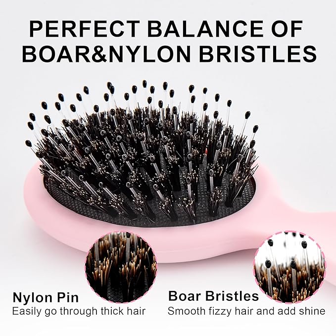 Mini Boar Bristles Hair Bursh, Travel Size Hair Brush for Women Men Kids, Protable Small Hair Brush for Pockets Purses, Mini Detangler Brush for Smooth Add Shine (1 Pack-Pink)