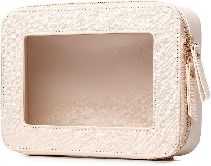 Clear Makeup Bag Transparent Travel Case for Cosmetics and Toiletries Women's Brush Bag and Clear Car Bag with Zipper (Beige, M+)