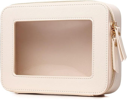 Clear Makeup Bag Transparent Travel Case for Cosmetics and Toiletries Women's Brush Bag and Clear Car Bag with Zipper (Beige, M+)