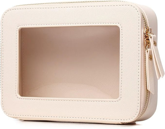 Clear Makeup Bag Transparent Travel Case for Cosmetics and Toiletries Women's Brush Bag and Clear Car Bag with Zipper (Beige, M+)