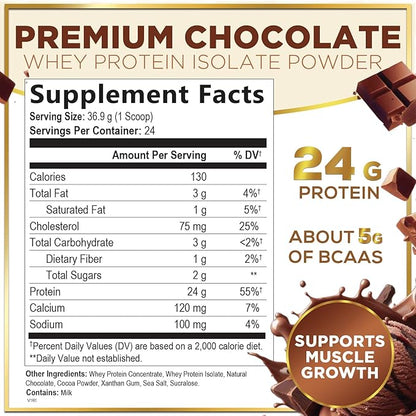Whey Protein Powder, Rich Double Chocolate Whey Isolate with 24g Protein & BCAAs - Support Muscle Growth, Recovery & Fitness - Gluten Free, Fast Absorbing, Easy Digesting for Women & Men - 24 Servings