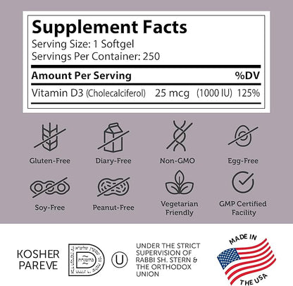 Zahler - Advanced Vitamin D3 1000 IU Softgels (250 Count) Kosher Vegetarian Friendly Vitamin D for Immune Support, Bone, Teeth & Muscle Health - Daily D3 Vitamin Supplement for Adults - Easy Swallow V