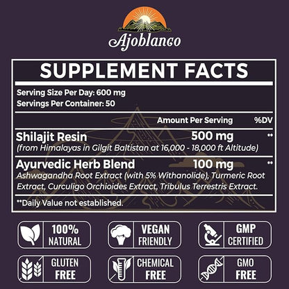 Ajoblanco 600mg Shilajit Pure Himalayan Organic Shilajit Resin - Himalayan Shilajit Resin with Organic Ayurvedic Blend in High Potency for Energy, Strength & Immunity, Pack of 4