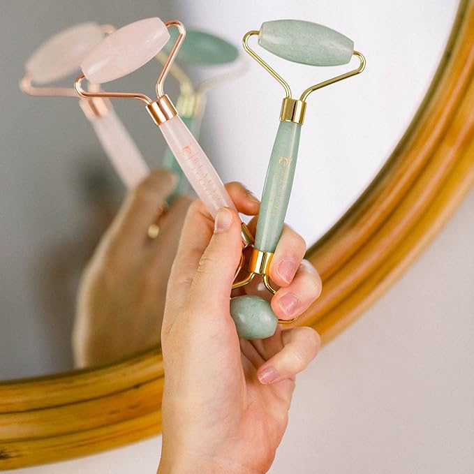 Beauty by Earth Jade & Rose Quartz Roller for Face - Face Massager Skin Care Tools with Small Eye Roller for Puffy Eyes