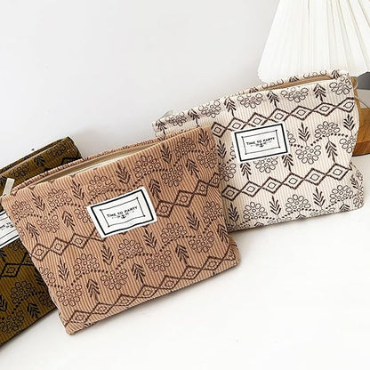 Flower Fabric Makeup Bag for Purse, Vintage Corduroy Cosmetic Pouch Bag, Portable Travel Handbag for Women Girls (Vintage Beige)