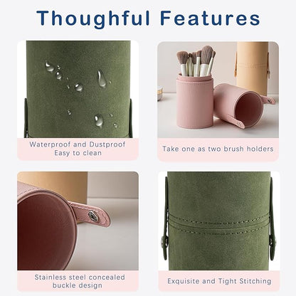 Portable Makeup Brush Holder, Waterproof PU Leather Travel Makeup Brush Case Bag Cup, Brush Storage Dustproof Bag (05Dark Green)