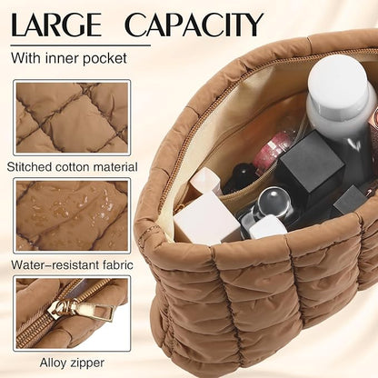 Hillban Puffy Quilted Makeup Bag Quilted Cosmetic Bag Cute Puffer Toiletry Checkered Pouch Aesthetic Travel Makeup Brushes Organizer(Brown,Classic)