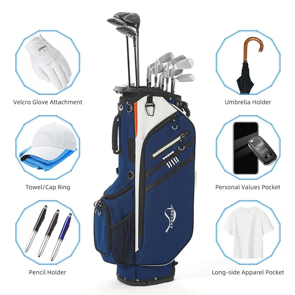 Golf Stand Bag 14 Way Top Dividers Full-Length with Stand, 7 Pockets, Lightweight Golf Bag for Men, Dual Strap, Rain Hood, Portable Golf Club Bag for Men Women