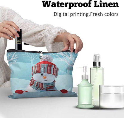 Cafl Cute Snowman Makeup Bag Winter Landscape Cosmetic Bag Zipper Cosmetic Pouch Large Travel Linen Make Up Organizer for Purse for Women