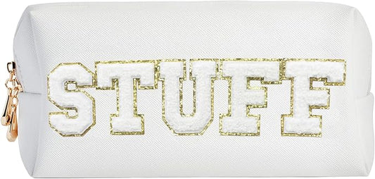 Preppy Patch Stuff Portable Makeup Bag Bulk Pu Leather Cosmetic Bag Waterproof Travel Organizer Zipper Pouch Storage Purse for Women Girls Gift (HZB-BS-STUFF)