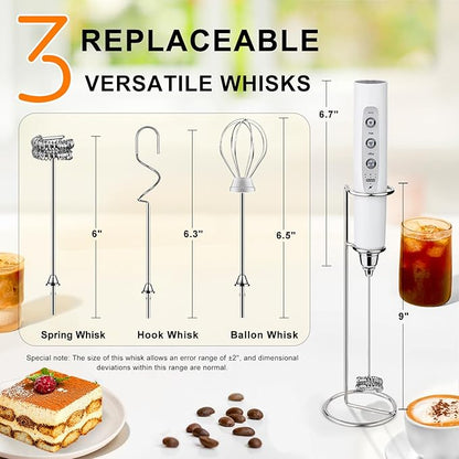 YUSWKO White Handheld Milk Frother Wand with Stand for Coffee, Rechargeable Electric Whisk with 3 Heads 3 Speeds Drink Mixer Coffee Frother For Latte, Cappuccino, Hot Chocolate, Egg