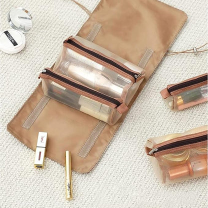 Roll Up Makeup Bag, Hanging Toiletry Bag, 4 in 1 Detachable Cosmetic Bag, 4 Removable Storage Bags, Travel Makeup Organizer Bags for Women Men(Khaki)