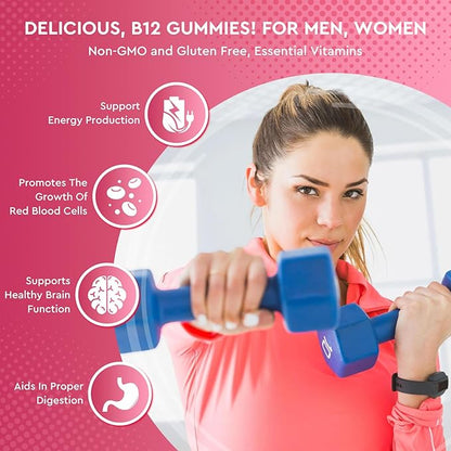 Vitamin B12 Gummies - 5000 mcg Methylcobalamin with Iron, Vitamin C, D3 & Folate, Energy Support and Metabolism, Immune, B-12 Complex Chewable Supplement for Men & Women,Strawberry Flavor