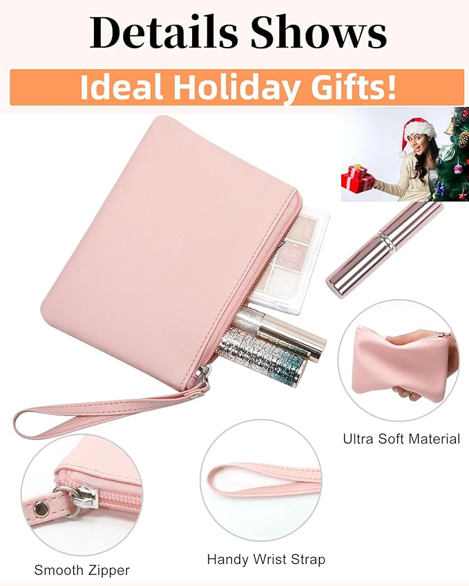 Small Makeup Bag for Purse Mini Cosmetic Pouch Zipper Little Wristlet, Tiny Make Up Organizer Lipstick Feminine Product Car Change Coin Holder for Women Handbags, 8 x 5 Clutch Phone Wallet,1 Pink