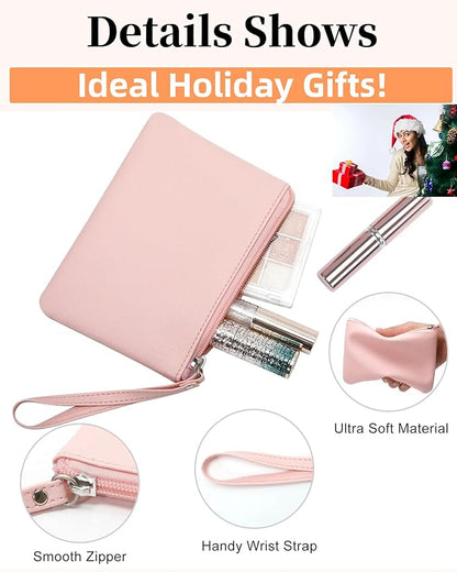Small Makeup Bag for Purse Mini Cosmetic Pouch Zipper Little Wristlet, Tiny Make Up Organizer Lipstick Feminine Product Car Change Coin Holder for Women Handbags, 8 x 5 Clutch Phone Wallet,1 Pink