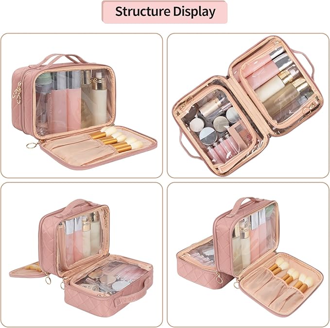 OCHEAL Makeup Bag, Double Layer Cosmetic Bag, Large Capacity New Look Clear Cosmetic Case for Women Travel Beauty Essentials, Multiple Compartments Makeup Case Organizer Zipper Pouch -Nude Pink