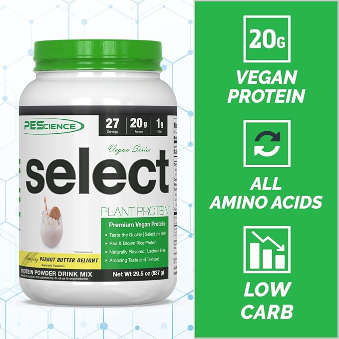 PEScience Select Vegan Plant Based Protein Powder, Peanut Butter Delight, 27 Serving, Premium Pea and Brown Rice Blend