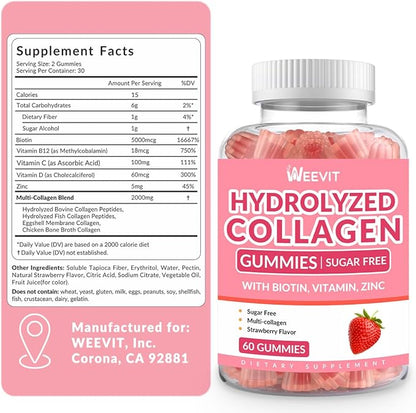 Sugar-Free Collagen Gummies for Women, Hydrolyzed Collagen Peptides Gummies with Biotin, Collagen Supplements Gummy with Vitamin B12, C, D, Zinc for Hair Skin Nail