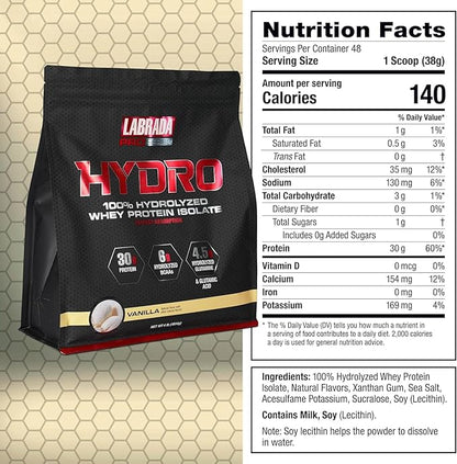 Labrada Hydro 100% Pure Hydrolyzed Whey Protein Isolate Powder, Lactose Free, Glutamine, Fastest Digesting Whey Available, Instant Mixing, Delicious Taste 48 Servings 4lb (Vanilla)