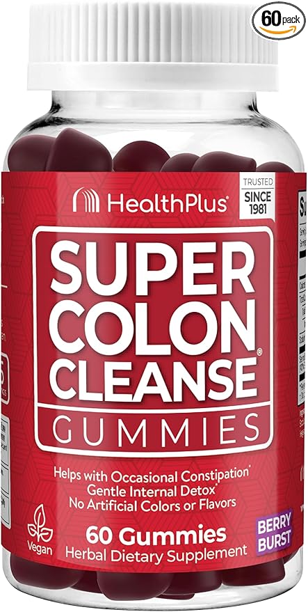 Health Plus Super Colon Cleanse Gummies, Natural Senna Leaf Extract, Gentle, Overnight Relief from Occasional Constipation, Dietary Supplement, Mixed Berry Flavor, 60 Count