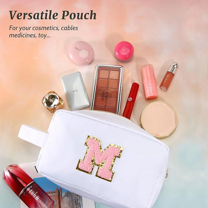 Aveniee Monogram Travel Makeup Bag for Women,Initial Cosmetic Organizer With Handle,Preppy Toiletry Bag,Christmas Birthday Gifts for Women Teen Girls Sister Teacher-White S