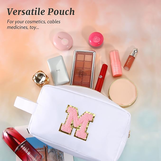 Aveniee Initial Makeup Bag for Women,Monogram Travel Make Up Bag Organizer With Handle,Personalized Cosmetic Toiletry Bag,Christmas Birthday Gifts for Women Teen Girls Daughter Teacher-White A