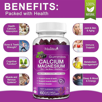 Calcium Magnesium Zinc Gummies with High Absorption Magnesium Glycinate 200mg, Potassium -Plant Calcium Supplement w/ D3 & Sea Moss for Bone, Muscles, Calm Mood & Sleep Support- Kids & adults (3 Pack)