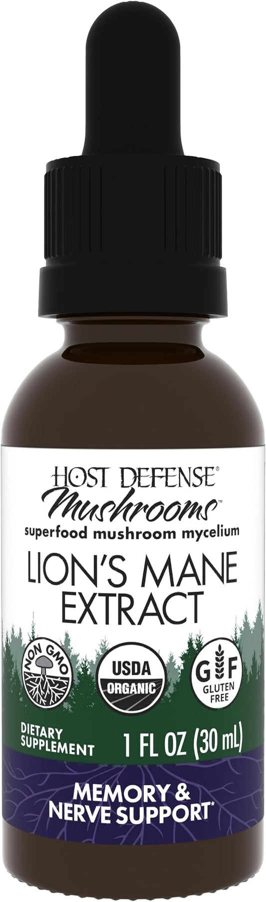 Host Defense Lion's Mane Extract - Brain Health Support Supplement - Mushroom Supplement to Support Focus & Memory Function - Immune & Nervous System Support Supplement - 1 fl oz (30 Servings)*