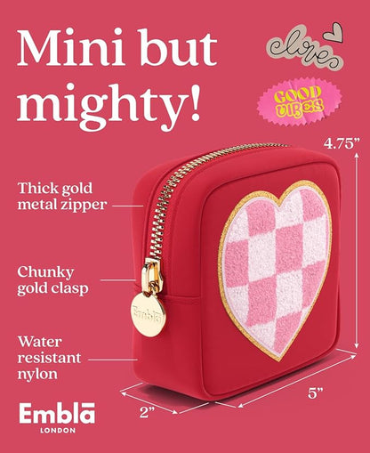 HEART Valentine Makeup Bag Travel Cosmetics Pouch and Toiletry Bag, Nylon Zipper Pouch Purse, Cute Make Up Organizer Storage Tote for Women Girls, Travel Skincare Case, Small Makeup Bags, Ruby Red