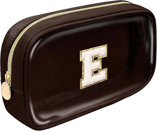LETGO Preppy Makeup Bag,Personalized Initial Makeup Bags with Zipper, Clear Makeup Bag Small Cosmetic Bags,Nylon Travel Toiletry Bag Travel Essentials,Christmas Gifts For Boys(Coffee, E)