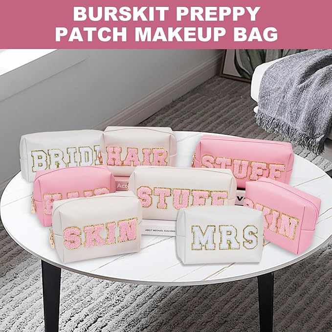 Bride Gifts MRS Patch Travel Makeup Bag Varsity Letter Cosmetic Toiletry Bag Letter Patches White Makeup PU Bag Bride Clutch Purse Waterproof Portable Zipper Organizer