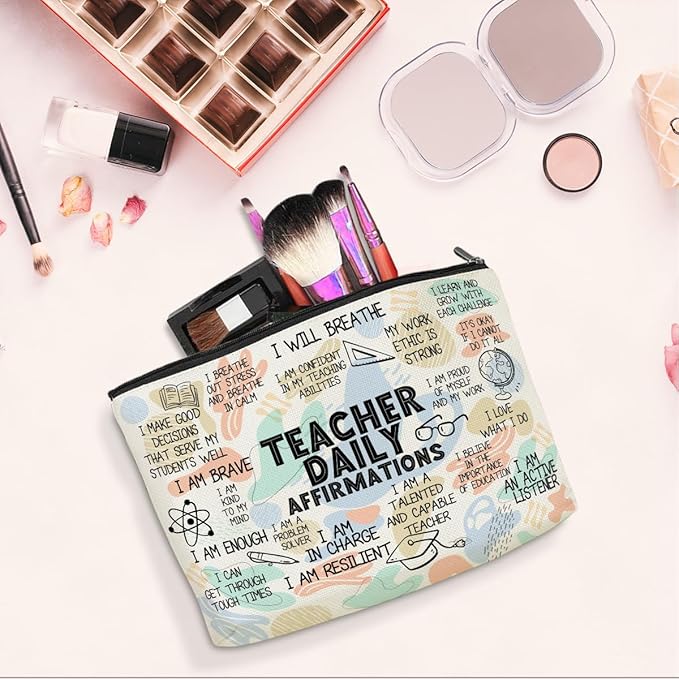 Daily Affirmations for Women Makeup Bag Teacher Gifts Teacher Appreciation Gifts Mental Health Gifts for Female Teacher Friend Counselor Coworker Birthday Friendship Graduation Travel Toiletry Bag