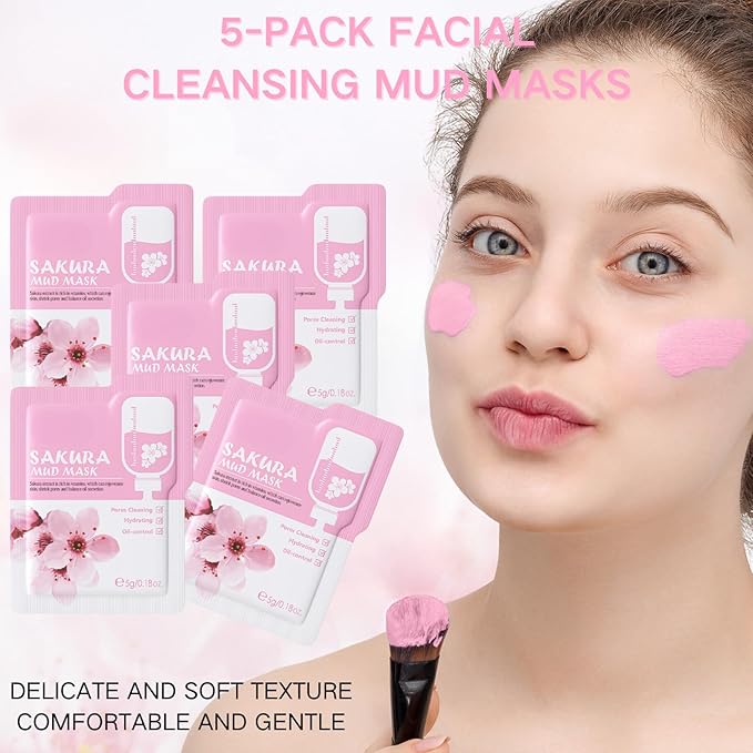 Sakura Skin Care Set, Women Gift Sets, Skin Care Kit with Face Cream, Face Serum, Eye Mask, Lip Mask, 5Pcs Face Sleeping Mask & 5Pcs Face Mud Mask, Skin Care Routine Kit for Women