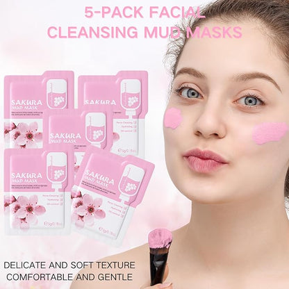 Sakura Skin Care Set, Women Gift Sets, Skin Care Kit with Face Cream, Face Serum, Eye Mask, Lip Mask, 5Pcs Face Sleeping Mask & 5Pcs Face Mud Mask, Skin Care Routine Kit for Women