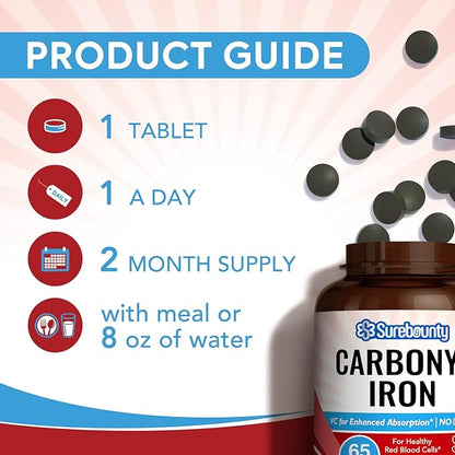 Iron Supplement 65mg with Natural Vitamin C, Gentle on The Stomach, High Absorption, for Red Blood Cell Function, Energy Support, and Muscle Health, Once Daily, Vegan, 60 Tabs