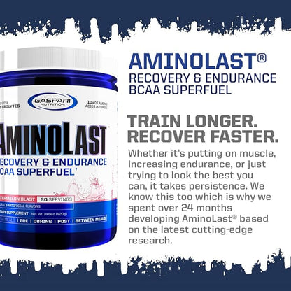 Gaspari Nutrition Aminolast, Recovery and Endurance BCAA Superfuel, 2:1:1 Amino Acid Ratio, Fueled with Electrolytes (30 Servings, Lemon Ice)