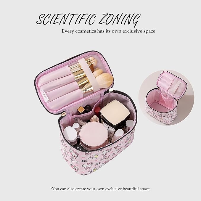 AmBealla Cosmetic Bag Large Makeup Bags Pink Travel Case with Makeup Brush Holder，2PCS Cosmetic Organizer for Women, Toiletry Storage Bag for Skincare & Beauty Tools Sweet Cute for Girls