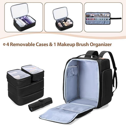 BAFASO Makeup Backpack with 4 Removable Pouches & 1 Brush Bag, Travel Makeup Case with Multiple Storage Spaces for Hair Supplies, Black