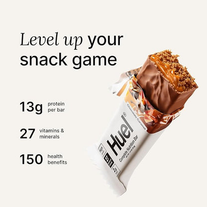 Huel Complete Nutrition Vegan Protein Bars | Chocolate Caramel | 13g Protein, 27 Vitamins and Minerals, 2g Sugar, Non-GMO, 100% Plant Based Snack | 12 Pack