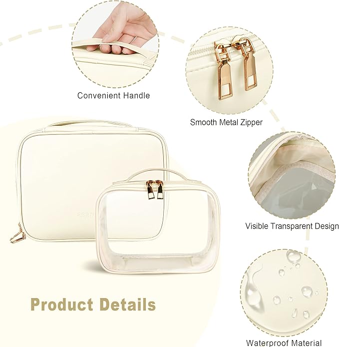 PU Leather Makeup Bag Set - 2 PCS Travel Cosmetic Organizer with Clear Pouch for Women and Girls (White)