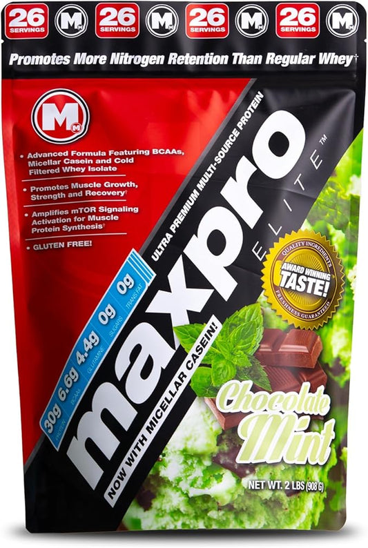 Max Muscle Maxpro Elite | 30g Protein | 6.6g BCAAs | Micellar Casein Cold Filtered Whey Isolate Protein Concentrate | Promotes Muscle Growth, Strength and Recovery (Chocolate Mint, 2lb)