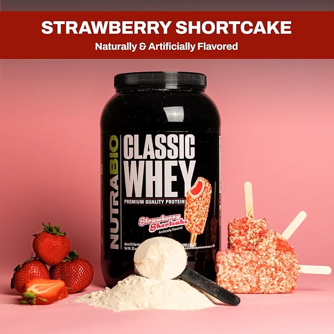 NutraBio Classic Whey Protein Powder - No Fillers, Artificial Colors, Preservatives - Low Glycemic Index - Strawberry Shortcake, 5 Pounds