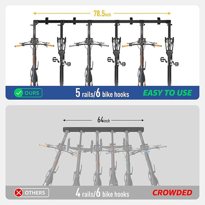 monTEK Enhanced Garage Bike Rack, Adjustable 6 Bike Hangers for Garage, Equipped with 78.5in Extended Rail to Accommodate Various Bicycle Sizes, Heavy-Duty Steel Bike Wall Mount, Max Capacity 330 lbs