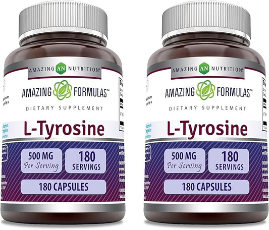 Amazing Formulas L-Tyrosine 500 mg Capsules | Amino Acid Supplement | Non-GMO | Gluten Free | Made in USA (180 (2 Pack))