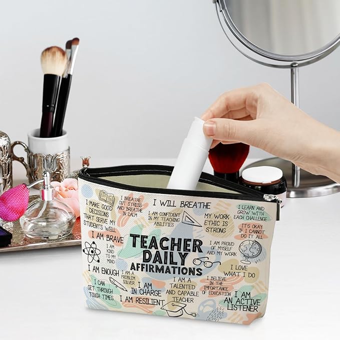 Daily Affirmations for Women Makeup Bag Teacher Gifts Teacher Appreciation Gifts Mental Health Gifts for Female Teacher Friend Counselor Coworker Birthday Friendship Graduation Travel Toiletry Bag