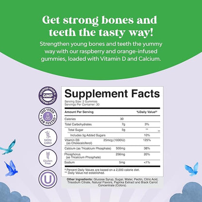 Tasty Kids Calcium Gummies - Vitamin D & Calcium Gummies for Children - Vitamin Gummies with Calcium & Vitamin D for Muscle Bone & Development - Gelatin-Free Kosher Childrens Gummies 60ct (1 Pack)